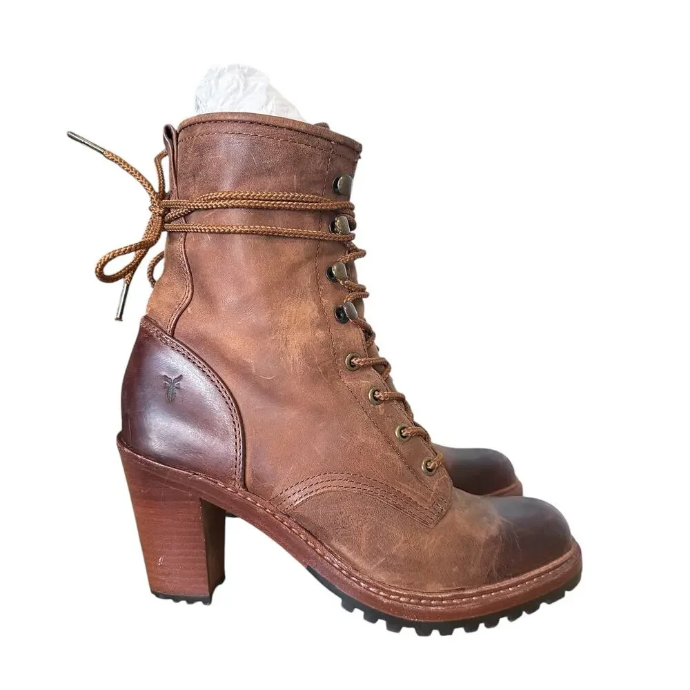 Frye Lucy Brown Leather Lace Up Ankle Boot 9